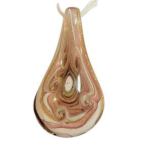 Art Glass Necklace Pendant Teardrop Glitter Ivory Brown 2.5x1.25 No Chain NEW